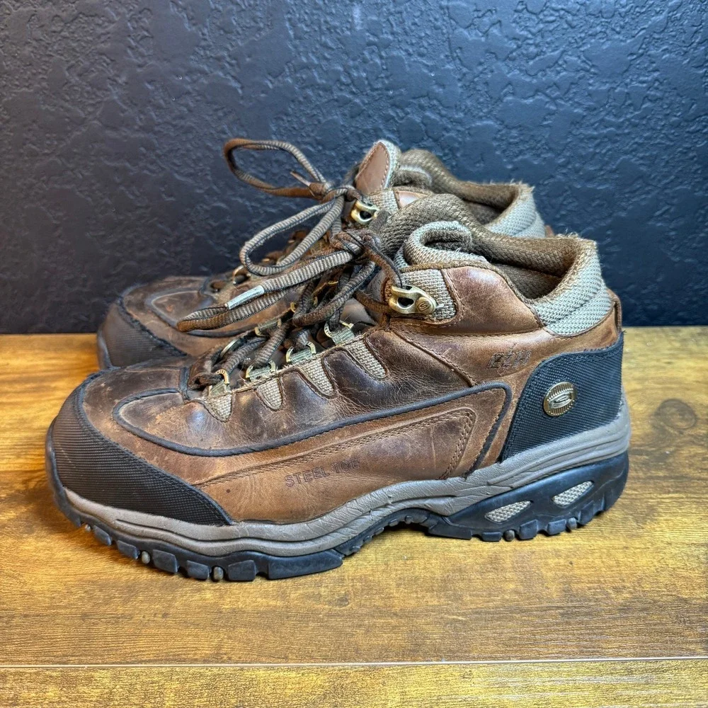 Skechers Work Steel Toe 76068EW‎ Brown Leather Safety Boots Mens 10.5 Wide
